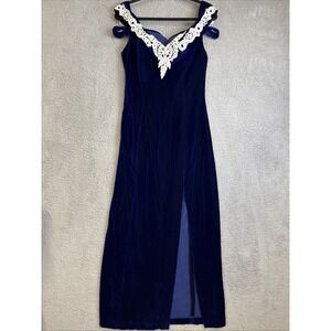 Nu Mode Vintage Velvet Dress Womens 9/10 Blue Cocktail Prom Off Shoulder Maxi